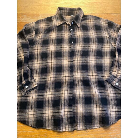 Vintage Plaid Flannel Button-Up Shirt In Beige & Black - Picture 1 of 4